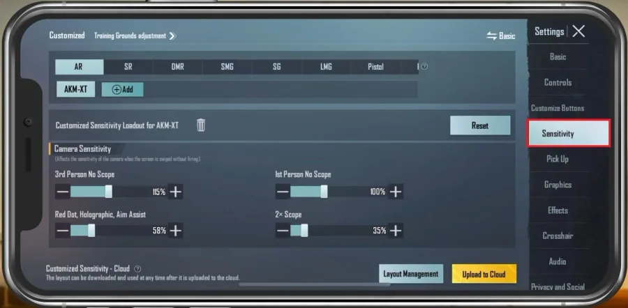 PUBG Mobile Settings > Sensitivity > Advanced Settings