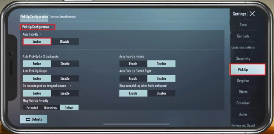PUBG Mobile Settings > Pick Up > Pick Up Configuration