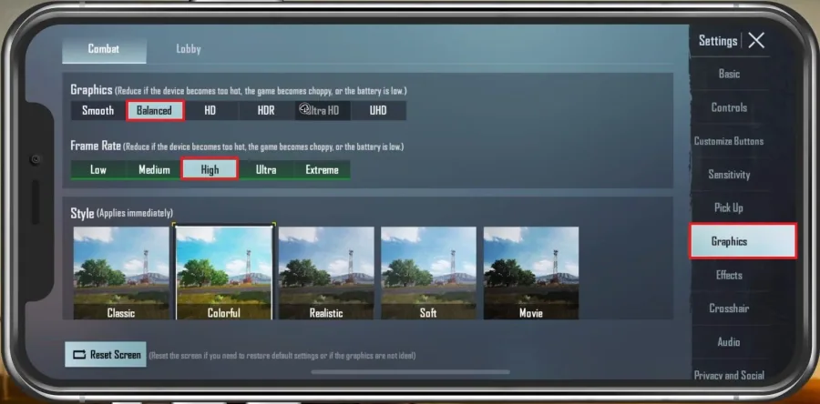 PUBG Mobile Settings > Graphics