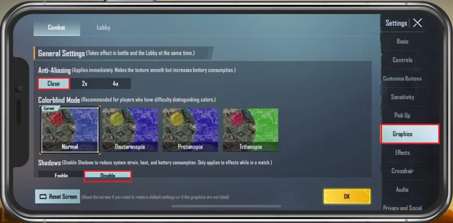PUBG Mobile Settings > Graphics