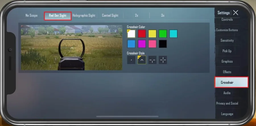 PUBG Mobile Settings > Crosshair