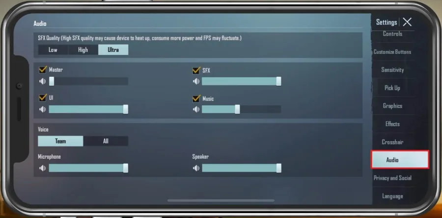 PUBG Mobile Settings > Audio