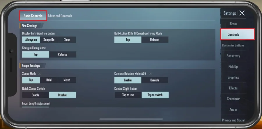 PUBG Mobile Settings > Basic Controls