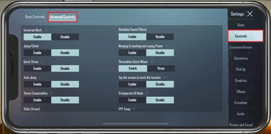PUBG Mobile Settings > Controls > Advanced Controls