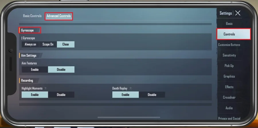 PUBG Mobile Settings > Controls > Advanced Controls
