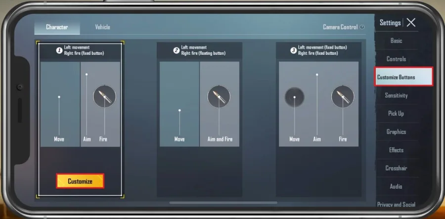 PUBG Mobile Settings > Customize Buttons