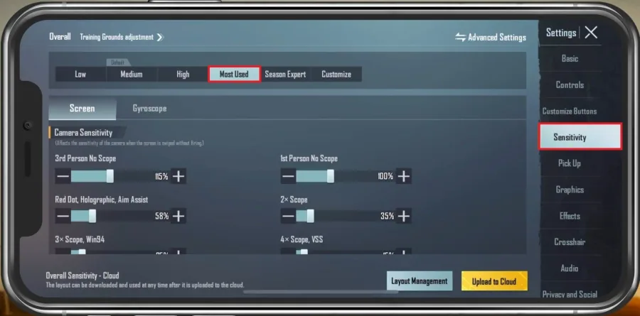 PUBG Mobile Settings > Sensitivity