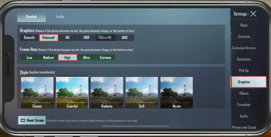 PUBG Settings > Graphics > Frame Rate