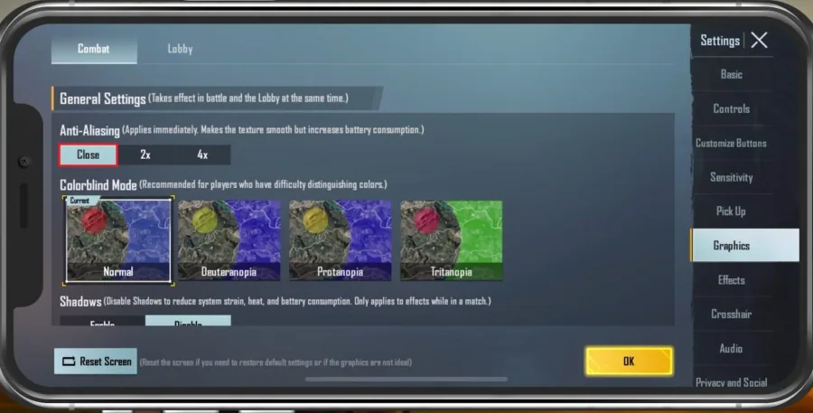 PUBG Mobile Settings > Graphics > Anti-Aliasing