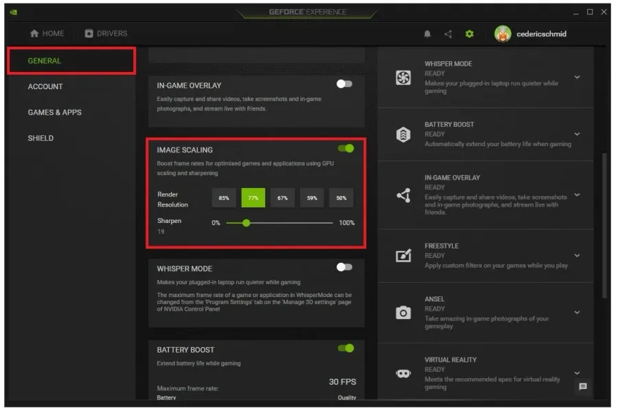 GeForce Experience > General Settings > Image Scaling