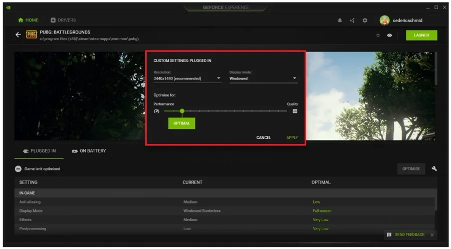 GeForce Experience > Home > PUBG Custom Settings
