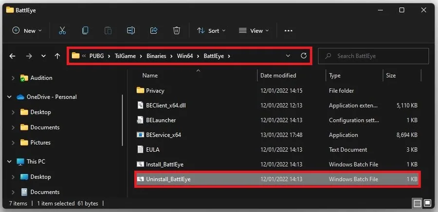 Program Files > Steam > steamapps > common > PUBG > TslGame > Binaries > Win64 > BattlEye