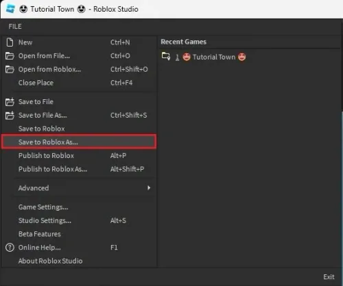 Roblox Studio > File > Save to Roblox As…