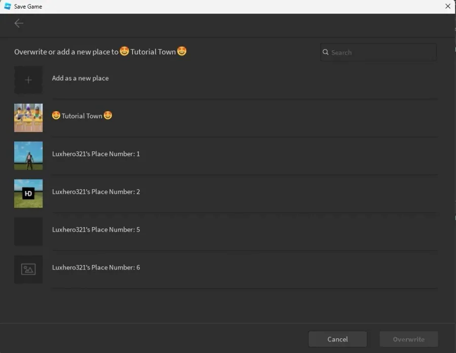 Overwrite or add a new place to your Roblox experience.