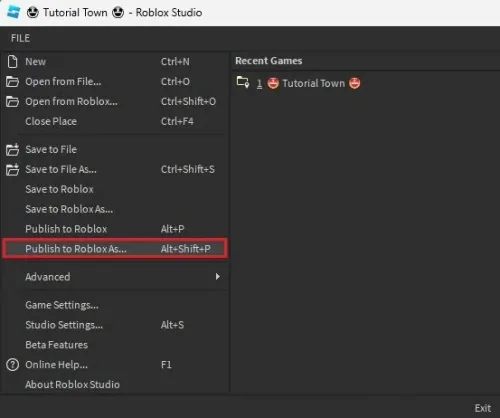 Roblox Studio > File > Publish to Roblox as