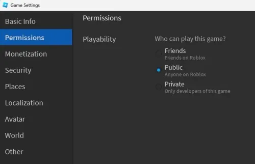 Roblox Studio > File > Game Settings