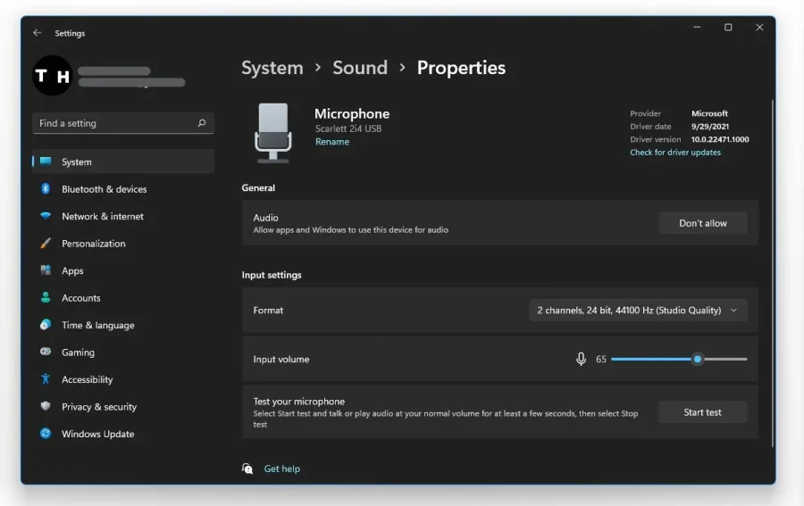 System Settings > Sound > Properties > Start Test