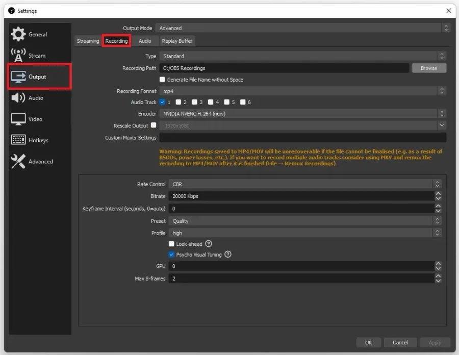 OBS Studio > Settings > Output > Recording