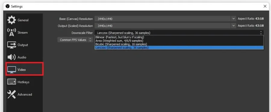 OBS Settings > Video > Downscale Filter