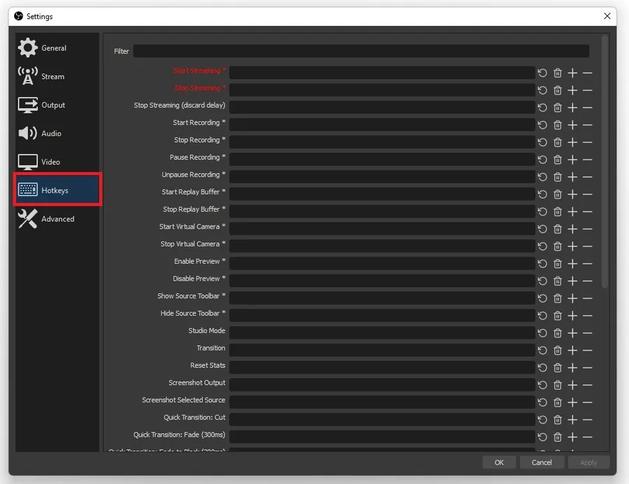 OBS Settings > Hotkeys