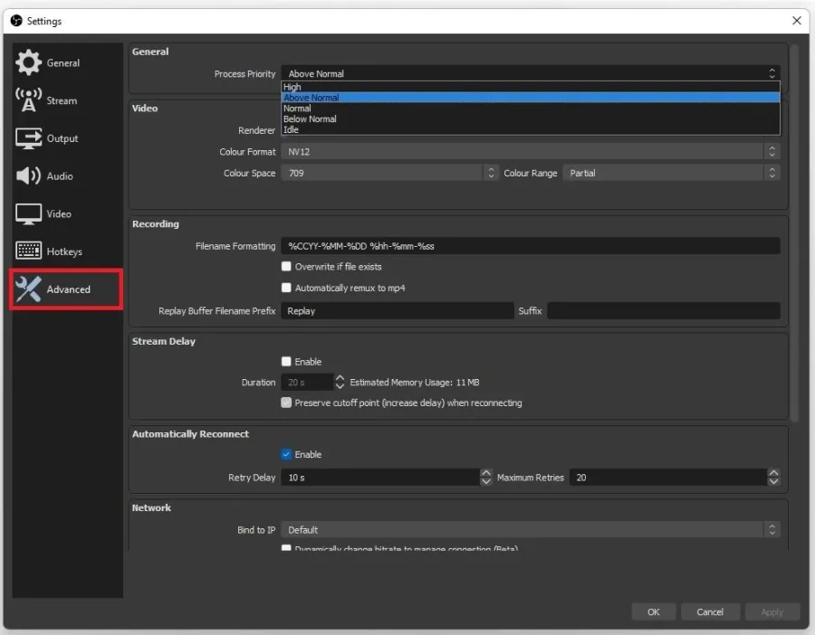 OBS Settings > Advanced