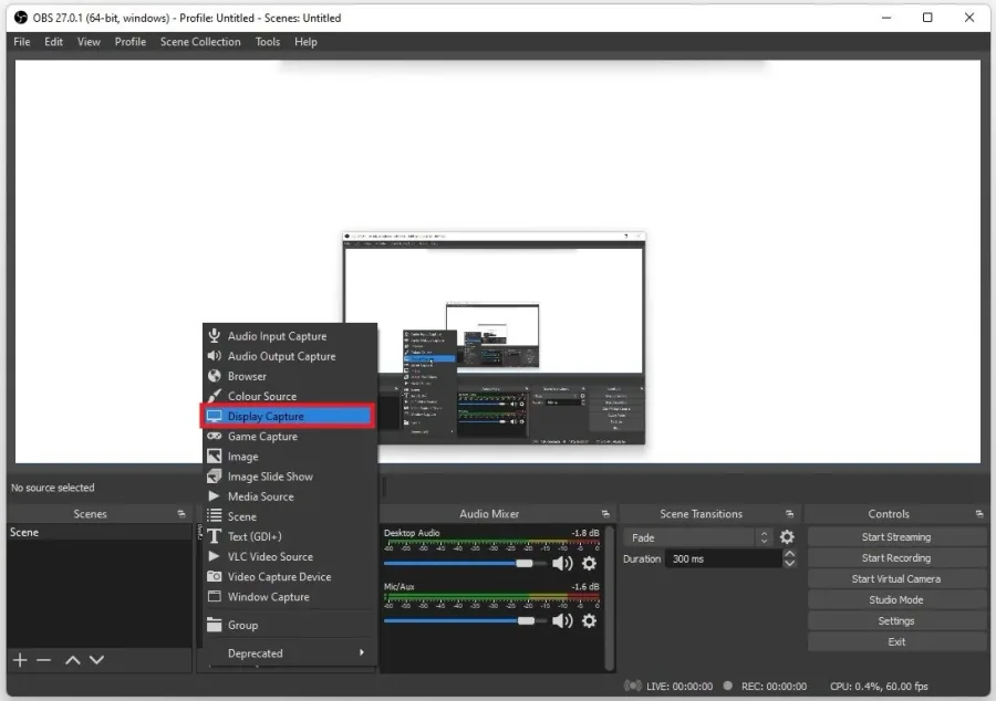 OBS > Display Capture