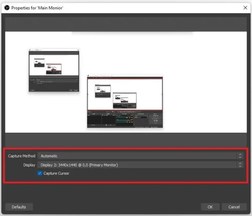 Properties for the OBS display capture source