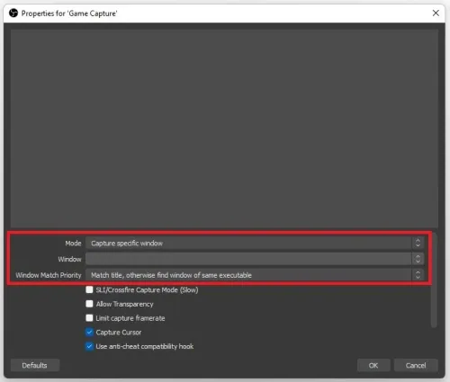 Properies for Game Capture source