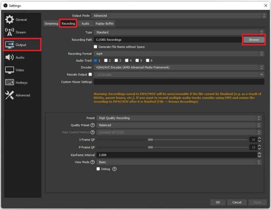 OBS Studio > Settings > Output > Recording