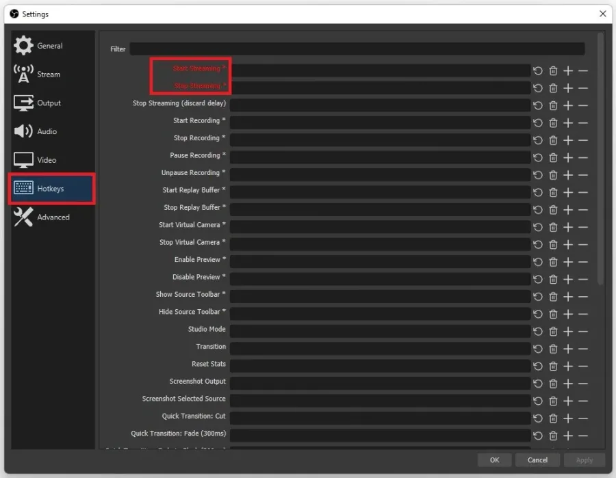 OBS Studio > Settings > Hotkeys