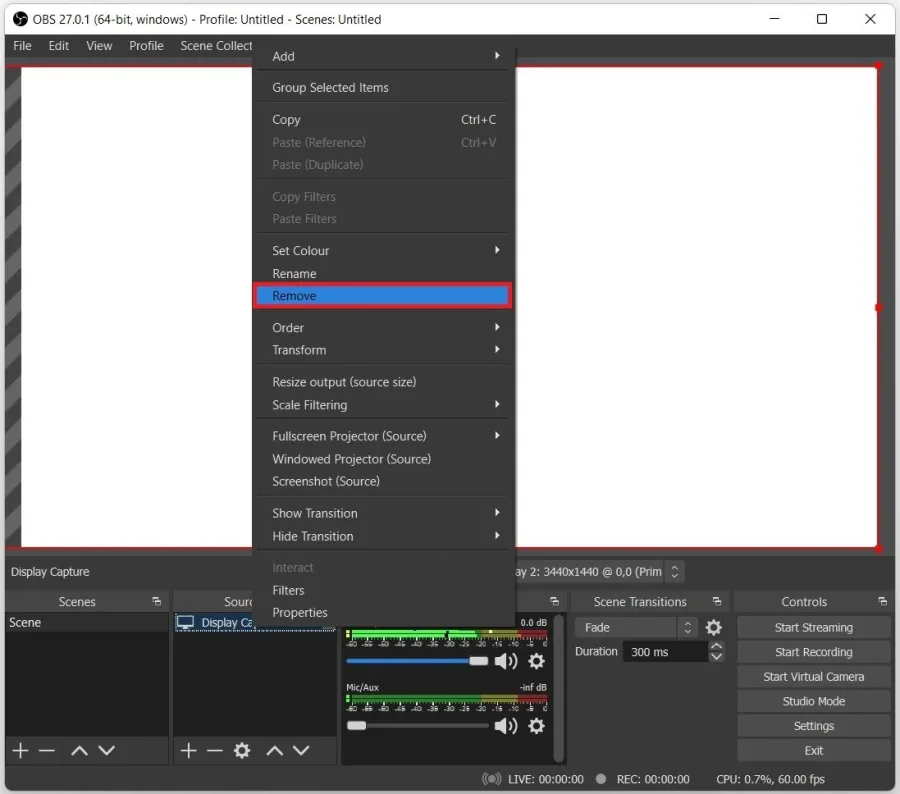 OBS Studio > Sources > Remove