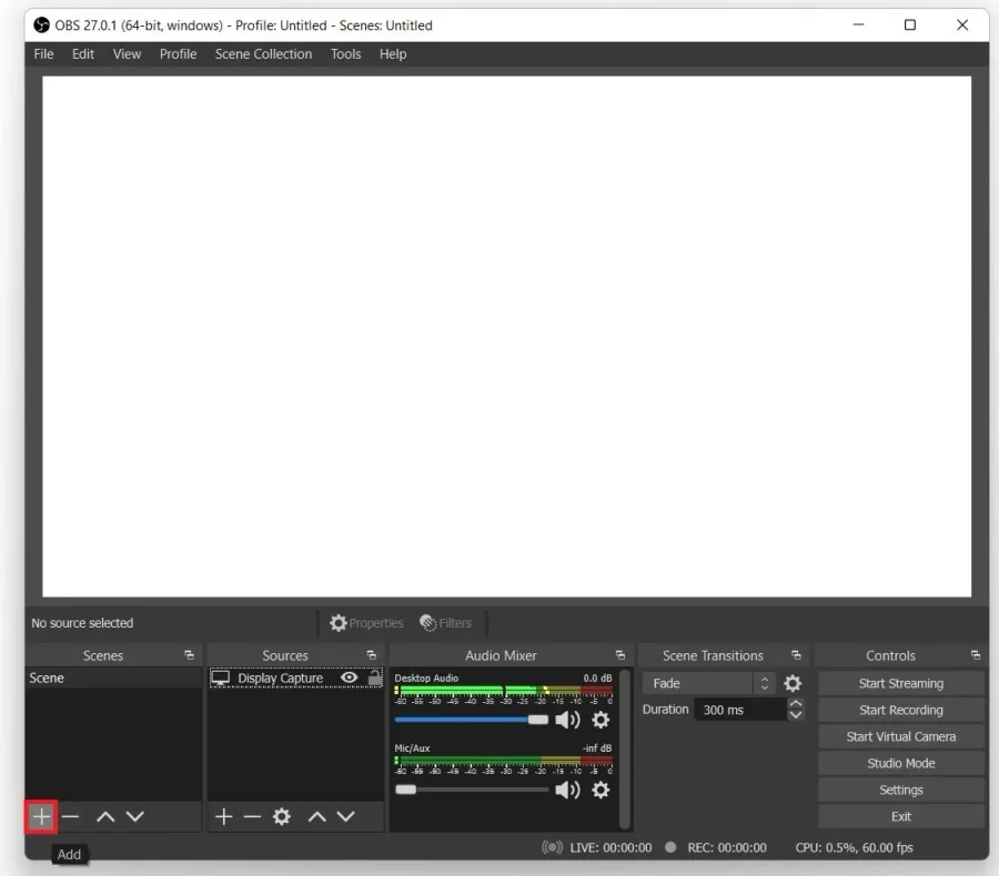 OBS Studio > Scenes > Add