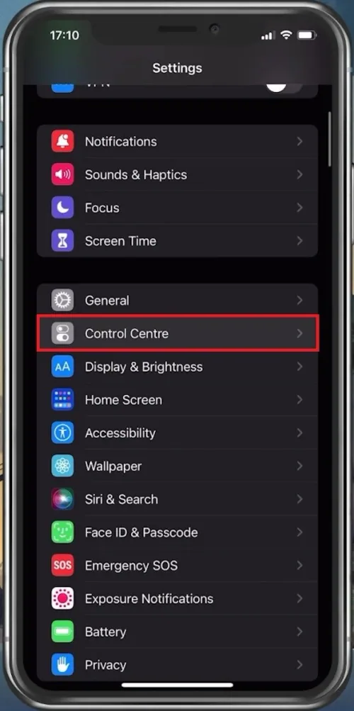 iPhone Settings > Control Centre
