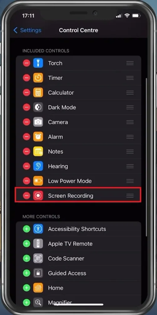 Included Controls > Screen Recording