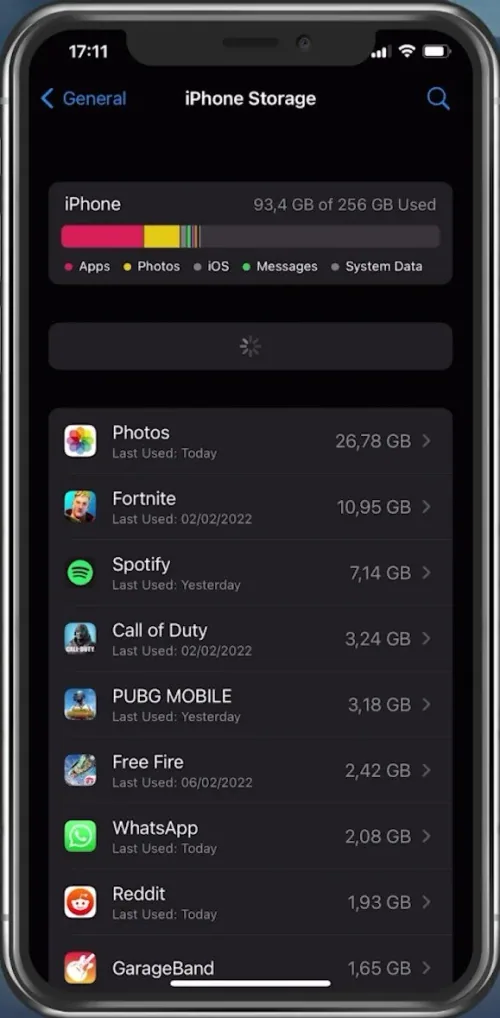iPhone Settings > General > iPhone Storage
