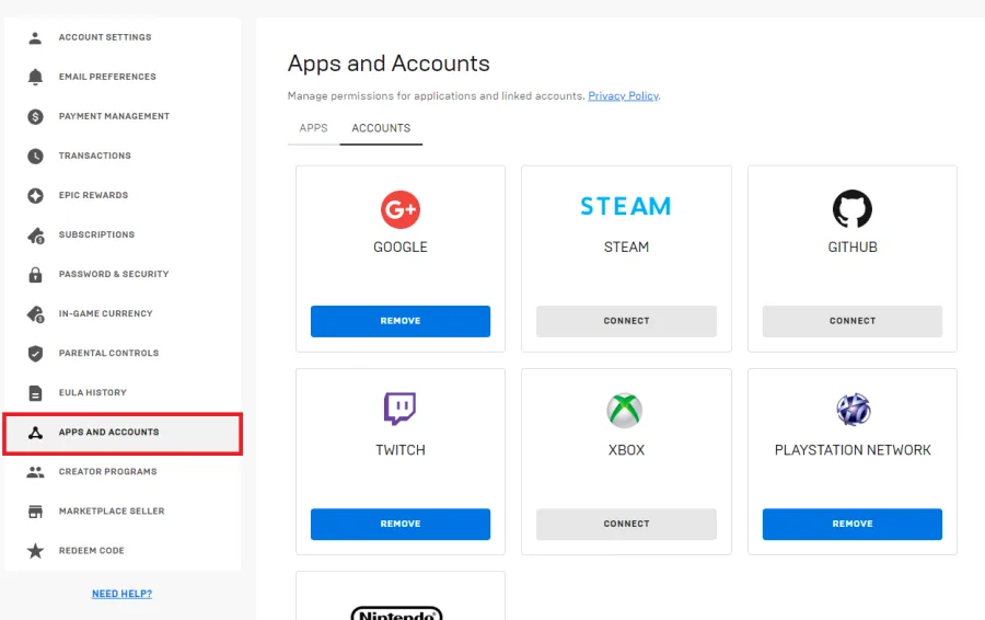 epic games apps and accounts