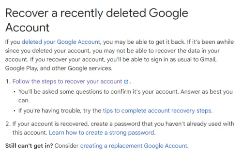recently deleted account