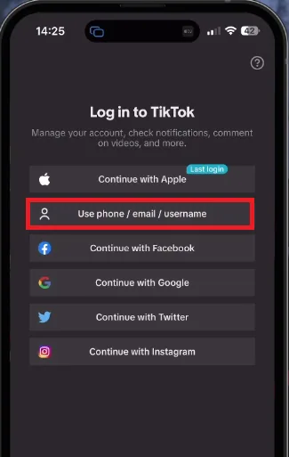 log in to TikTok screen