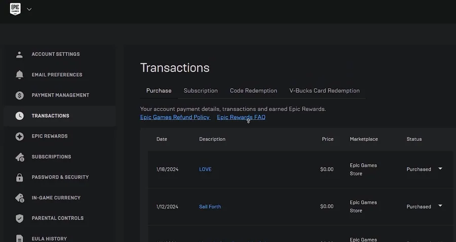 epic transactions