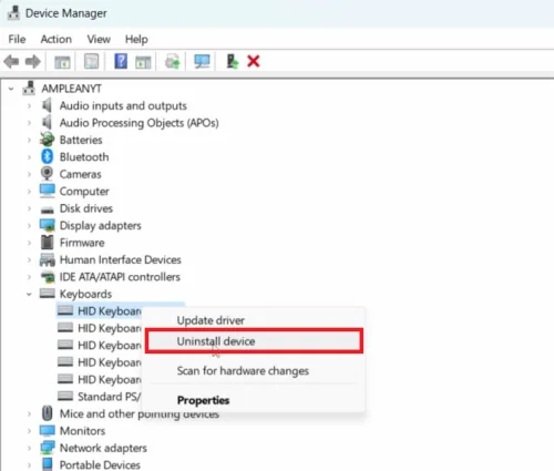 uninstall keyboard driver