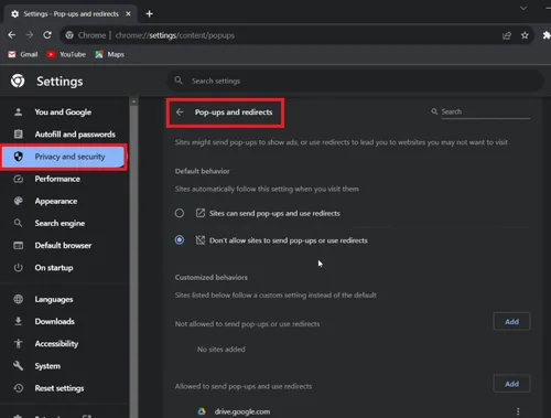 chrome popup settings