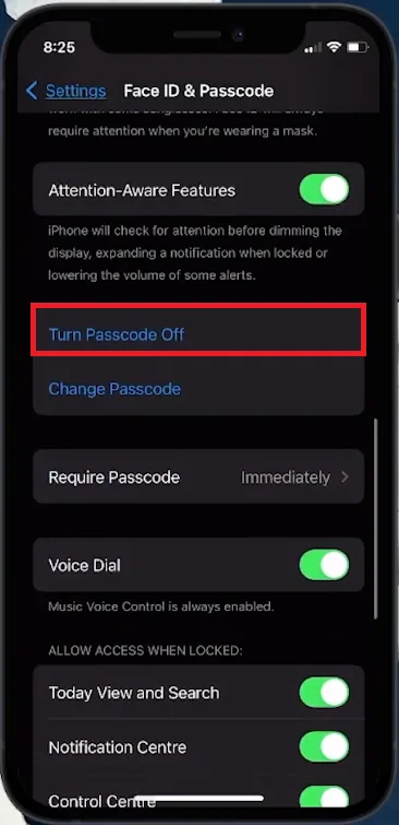 Face ID & Passcode > Turn Passcode Off