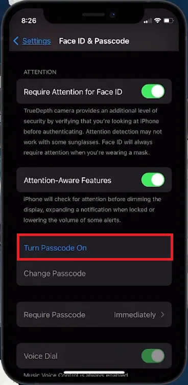 turn passcode on again