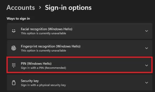 ways to sign in > PIN
