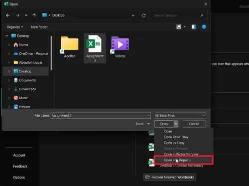 open and repair file