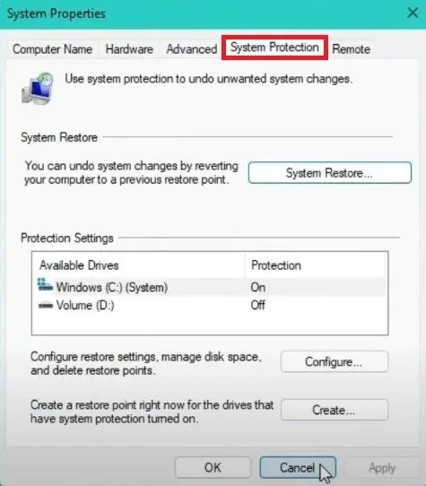 System Properties > System Protection
