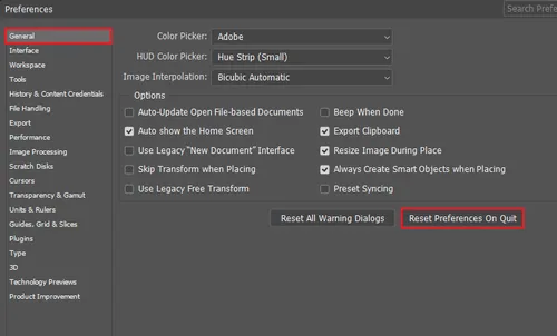 reset preferences on quit