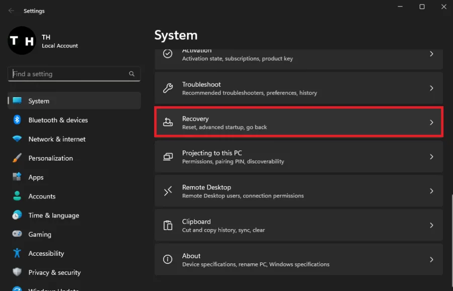 windows recovery settings