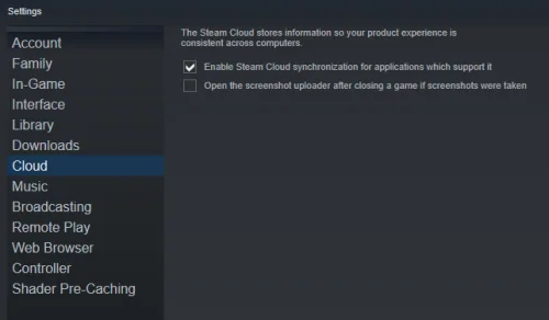 Steam Settings > Cloud