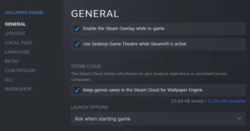 Steam library > App Properties > General > Steam Cloud